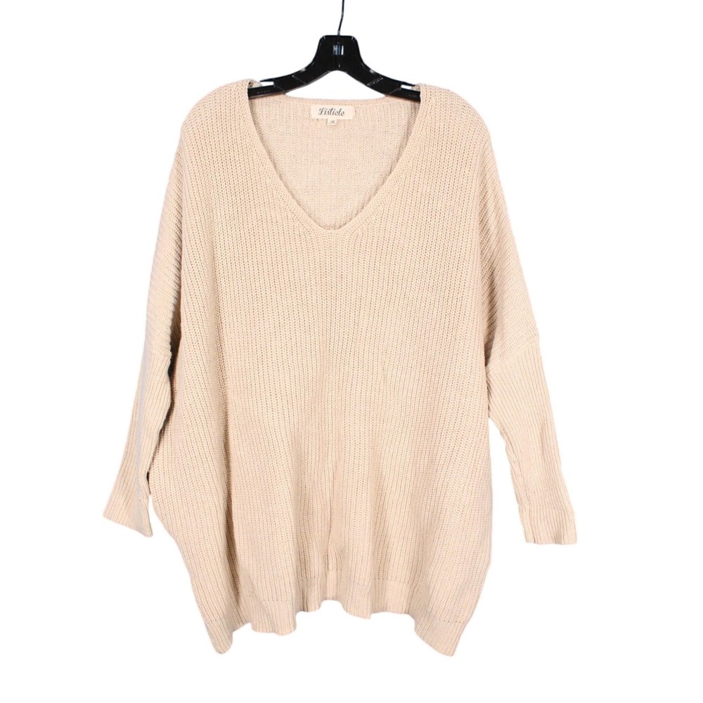 LISTICLE Tan RIBBED KNIT V-Neck FITTED SLEEVE Side Pocket OVERSIZED SWEATER Sz L